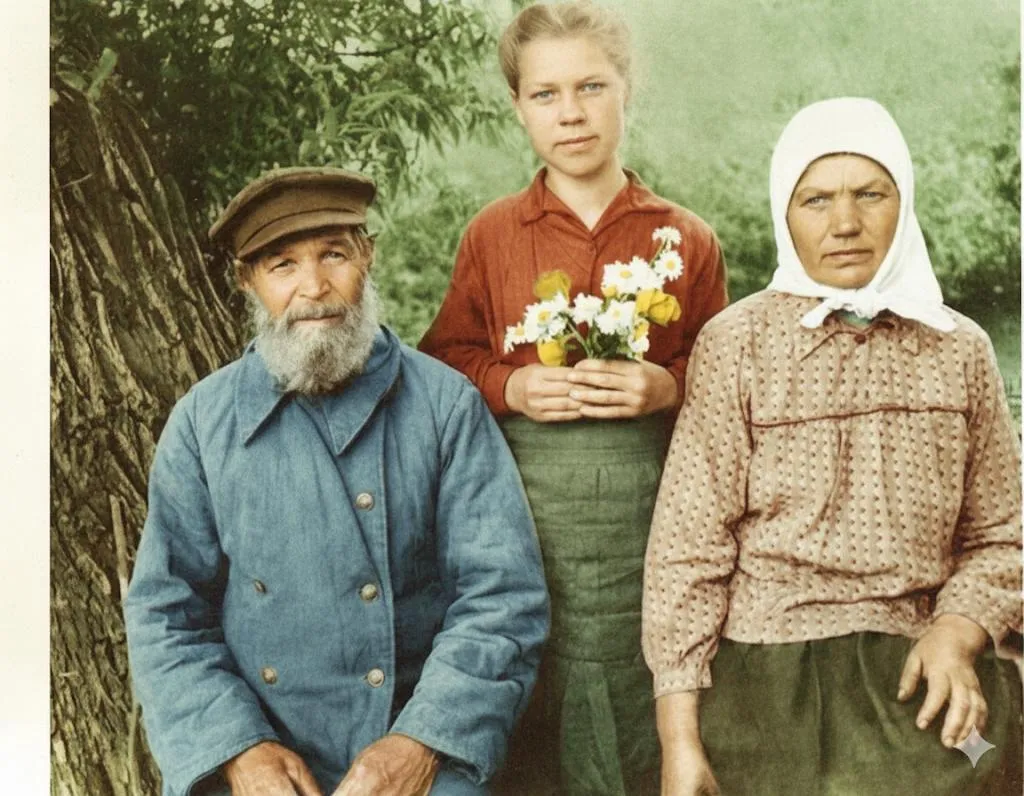 Colorized family photo: an old bearded man in a cap, a teenage girl holding daisies, and a woman in a white headscarf, standing by a tree