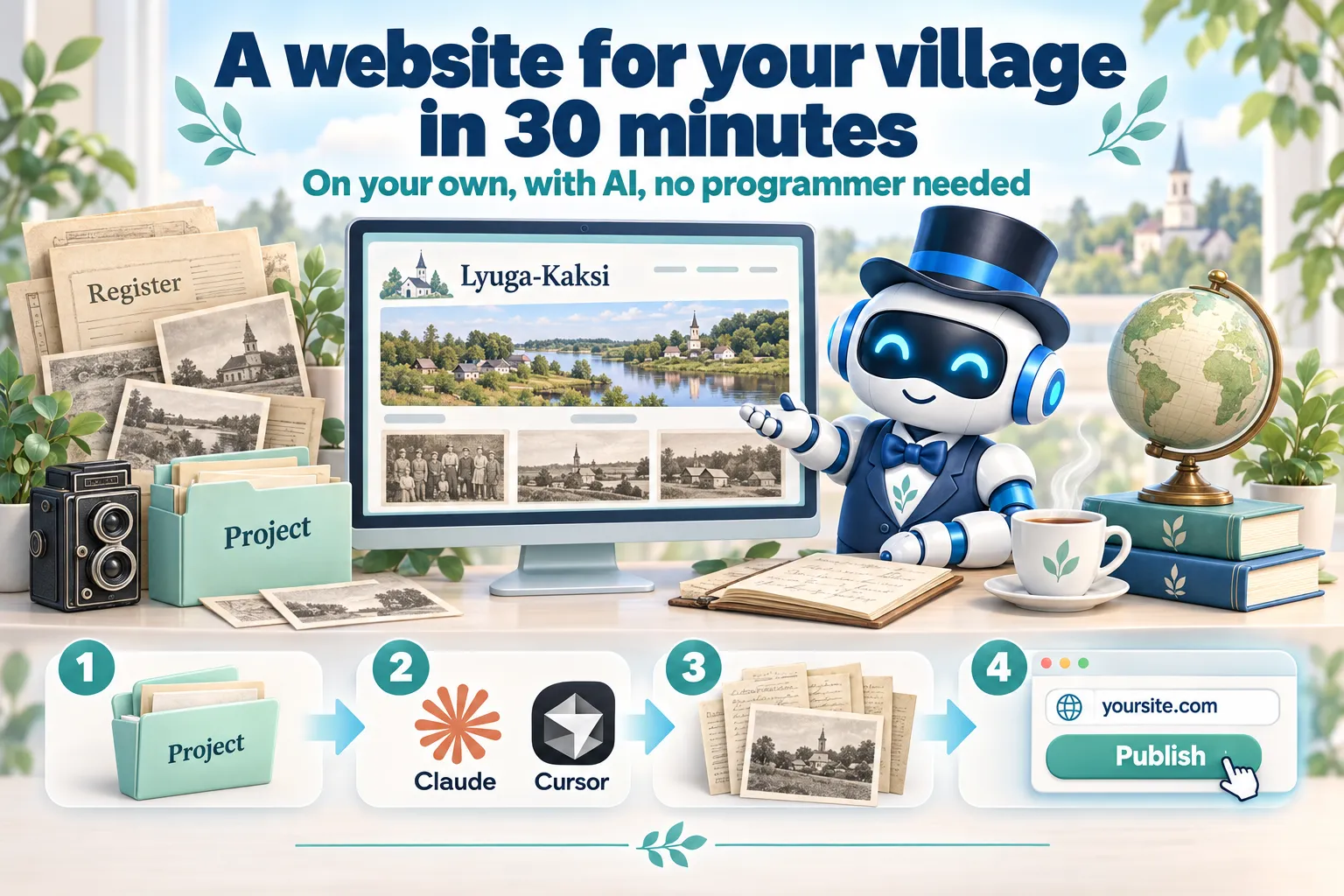 Illustration: a computer screen with the Lyuga-Kaksi village website, a robot with a cup of tea, and the steps from a project folder to a published site
