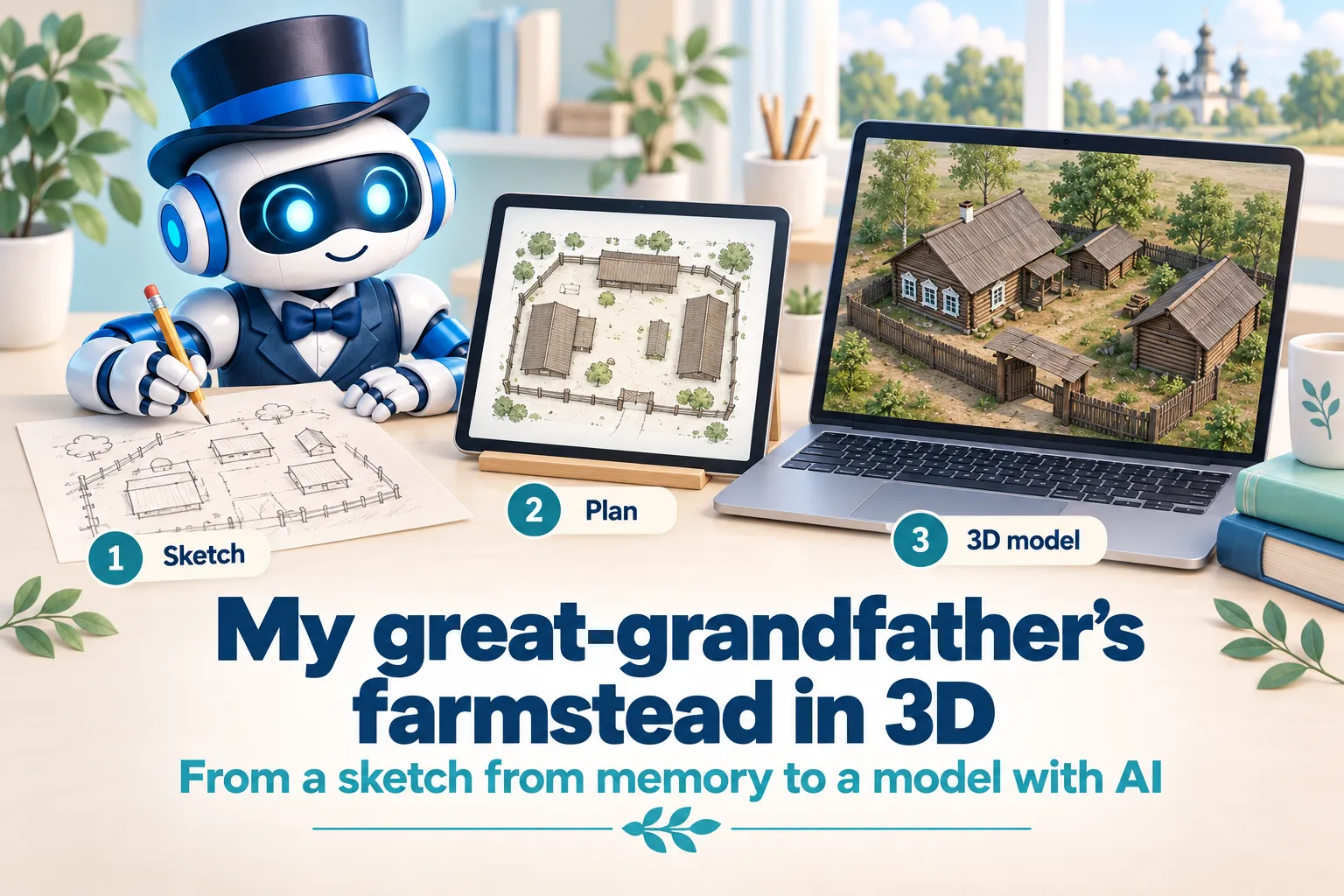 Illustration: three steps, from a pencil sketch drawn from memory to a plan of the farmyard and a 3D model of the log house and yard
