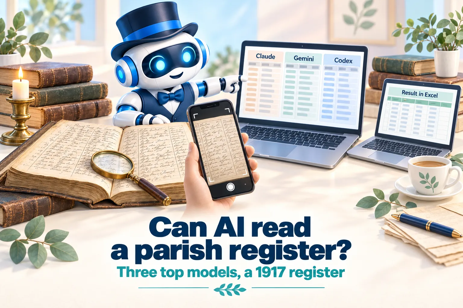 Illustration: an old handwritten parish register with a magnifying glass, a phone and laptops showing transcribed tables, and a robot with a cup of tea