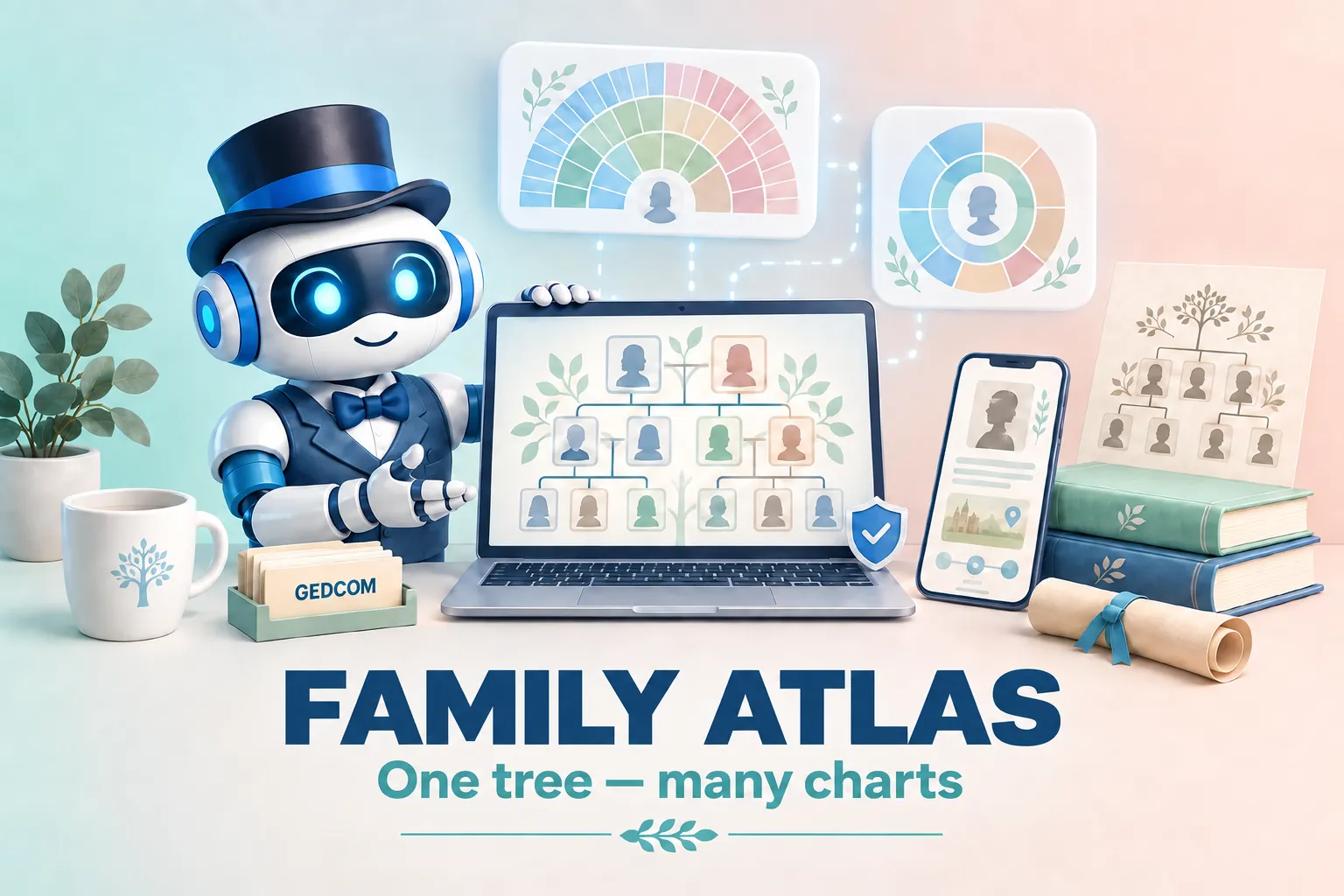 Family Atlas cover: a friendly robot next to a laptop showing a family tree, with fan and circular ancestor charts floating above it