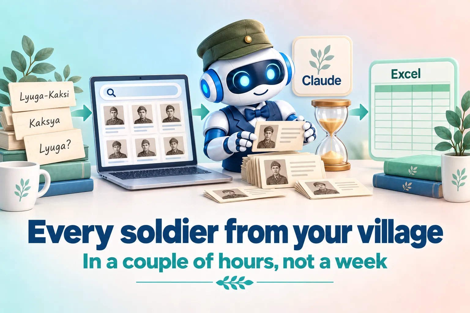 Illustration: notes with different spellings of a village name, search results on a laptop, a robot working through soldiers’ record cards for Claude, and an Excel spreadsheet at the end