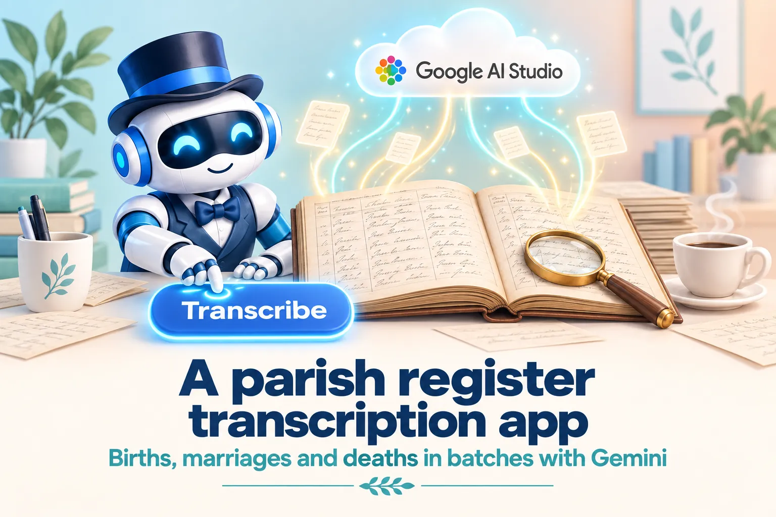 Illustration: an old handwritten register under a magnifying glass, with glowing lines rising from its pages to a Google AI Studio cloud and a Transcribe button
