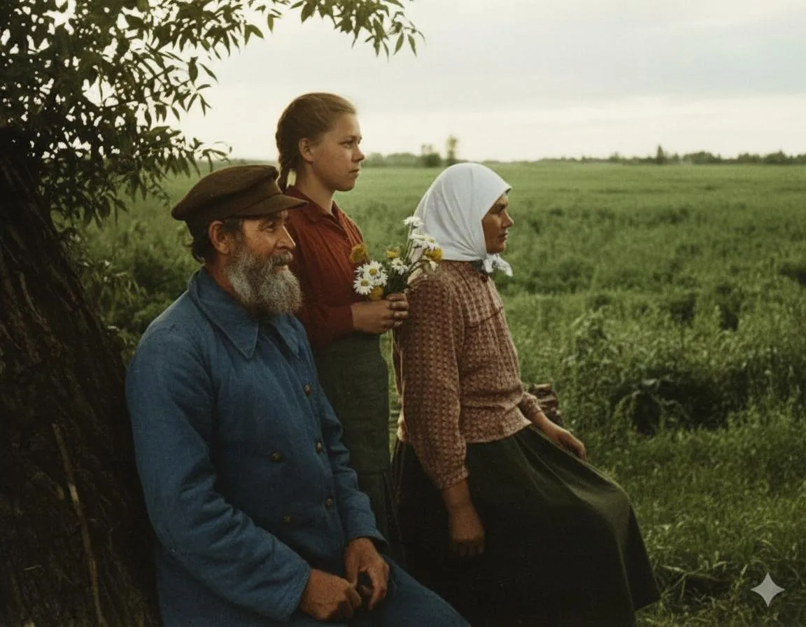 The same three people from a new side angle, with a green field stretching out behind them