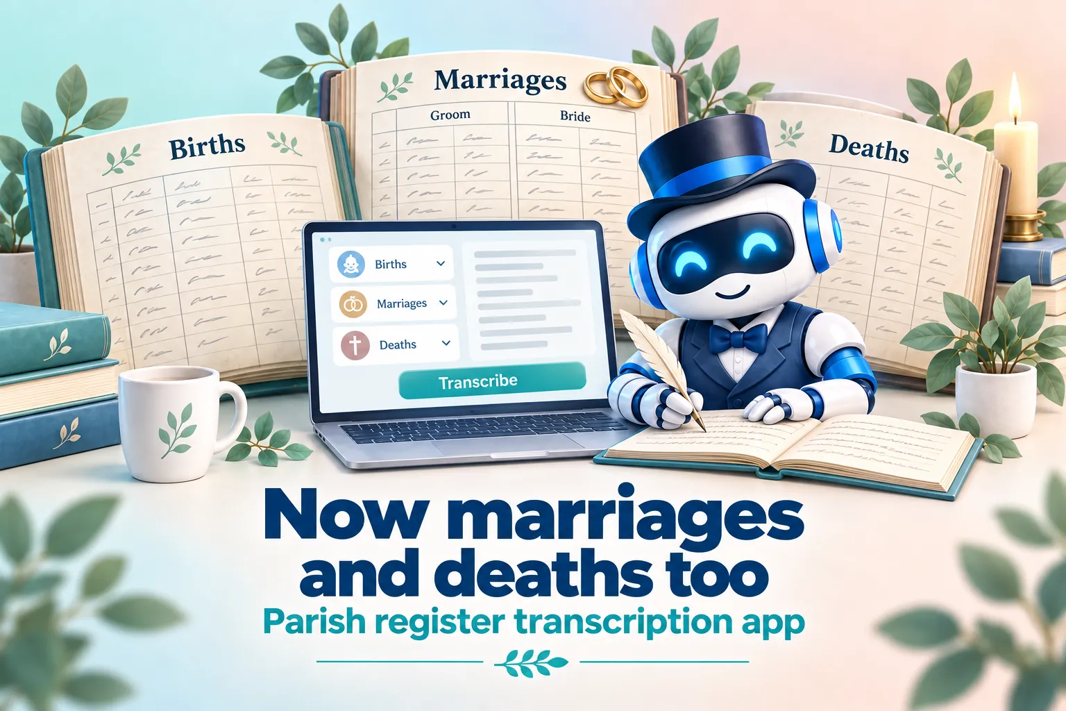 Illustration: open parish registers for births, marriages and deaths, with wedding rings, a candle, a laptop with a Transcribe button and a robot taking notes