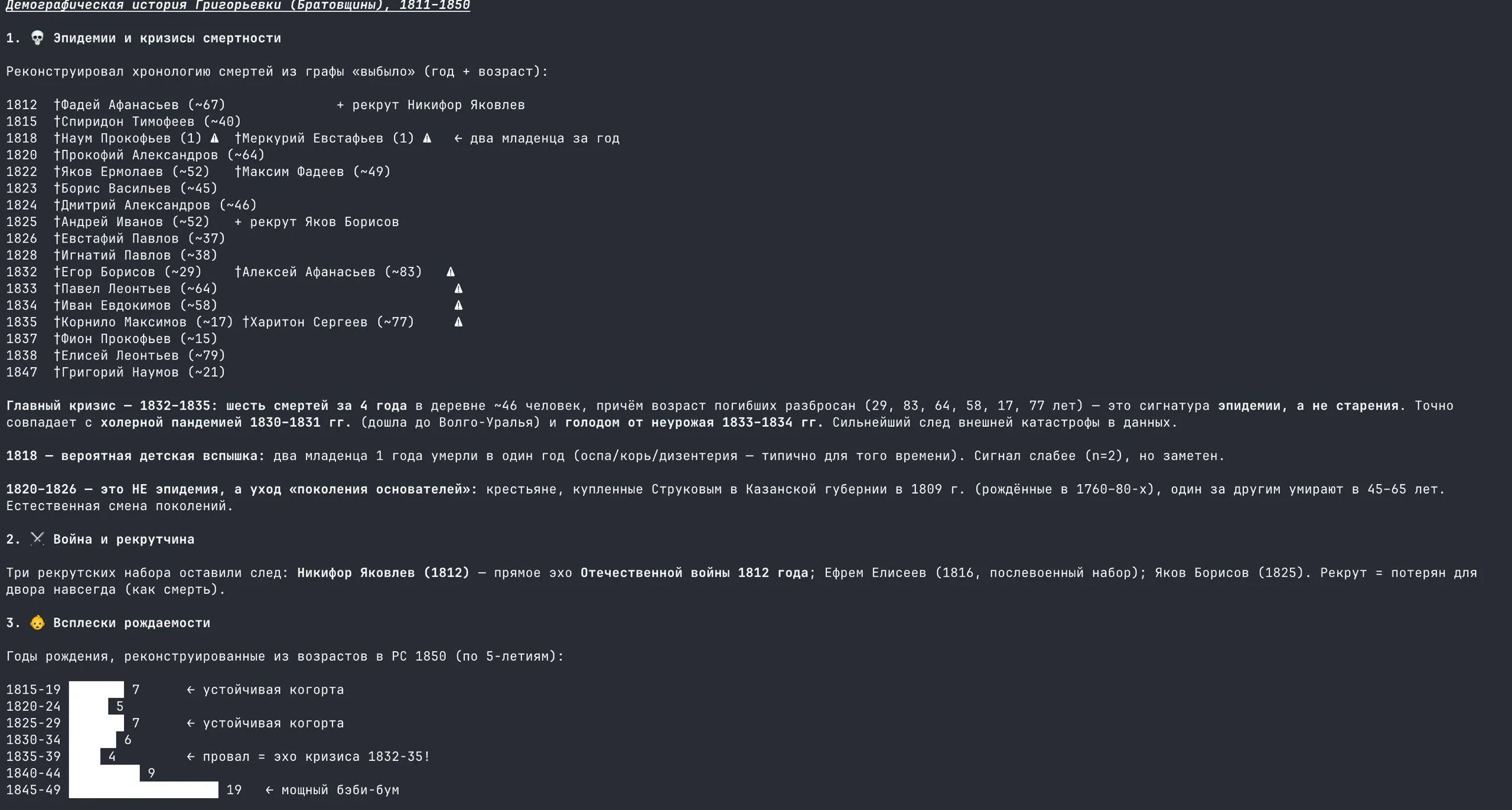 Screenshot (in Russian): Claude Code’s demographic history of the village, with a timeline of deaths, epidemics, army recruits and spikes in births