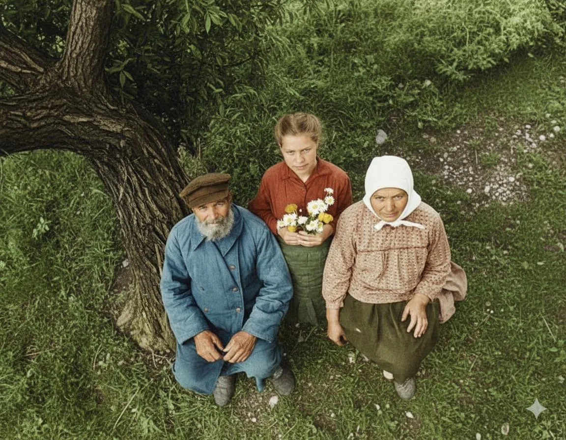 The same three people seen from above, standing on the grass under the tree